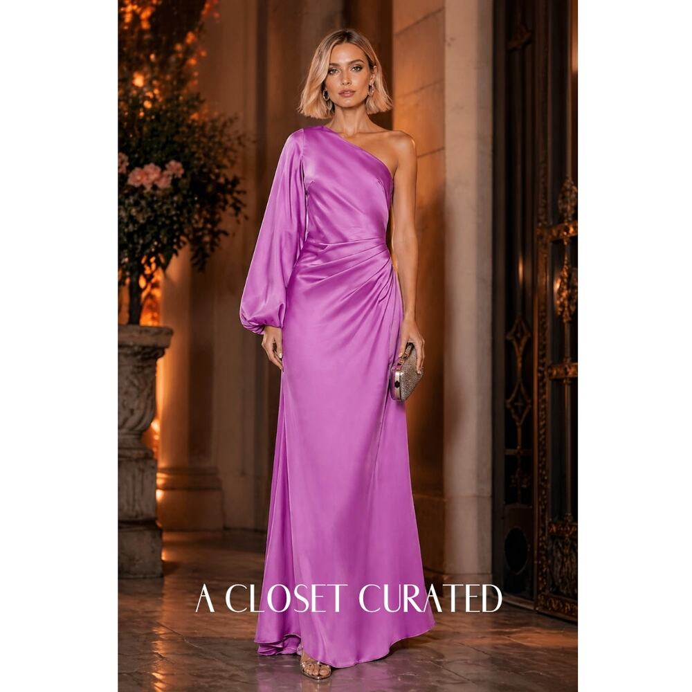 Mac Duggal Satin One Shoulder Maxi Gown 2 Purple NWT